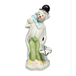 Vintage Porcelain Clown Figurine with Umbrella Hand-Painted